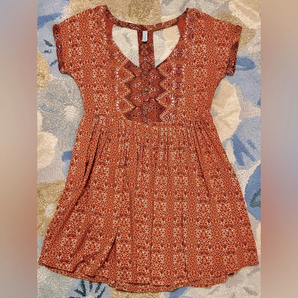 Free People Sundown Boho Babydoll Mini Dress Orange Combo ZB1